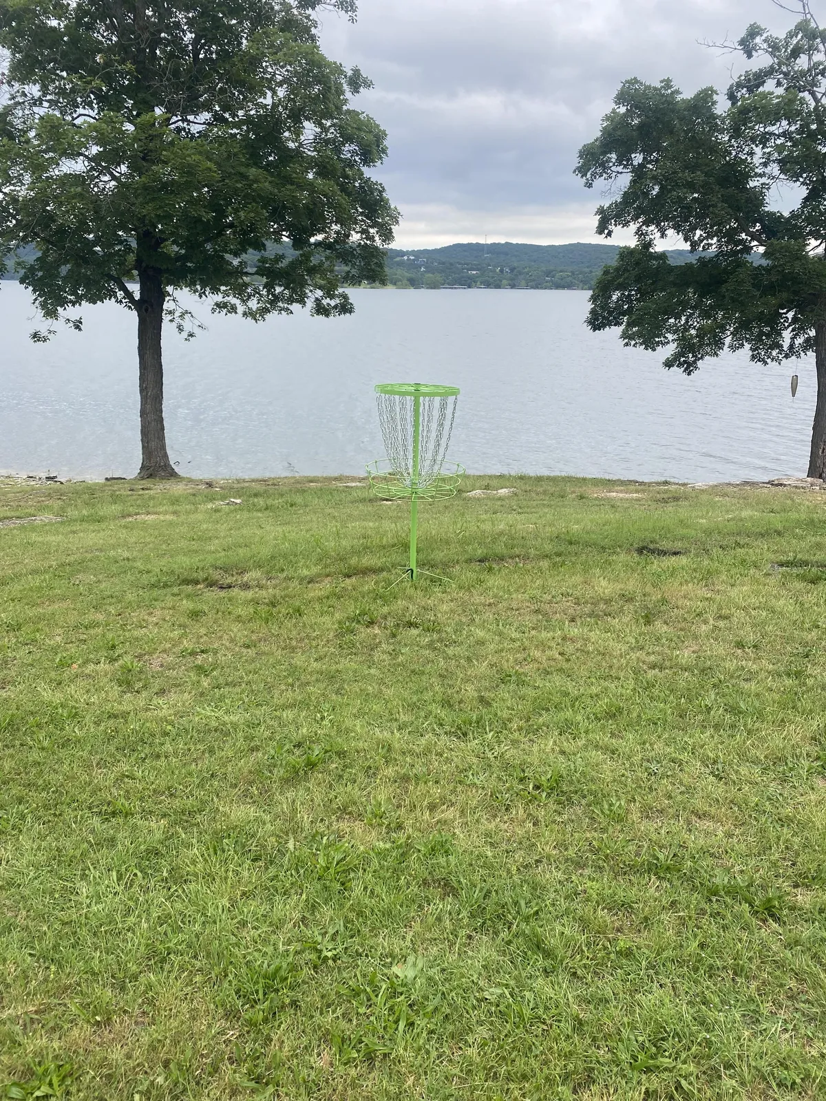 A disc golf basket stands prominently in a spacious, grassy yard with clear views of the lake and mature trees. The relaxed and recreational mood suggests fun, family-friendly competitions, and easy access to nature.